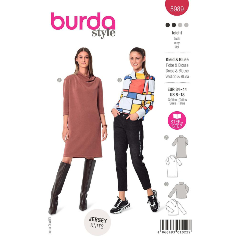 Patron Burda 5989 - Robe épurée et ample & blouse façon t-shirt avec col montant