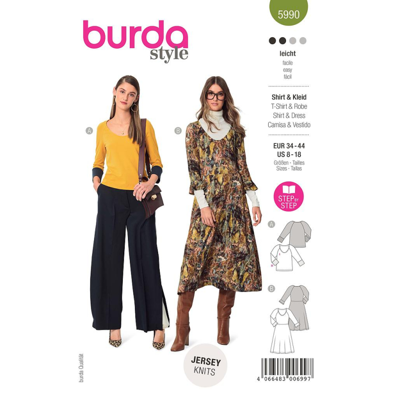 Patron Burda 5990 - T-shirt & robe à encolure ronde et manches raglan