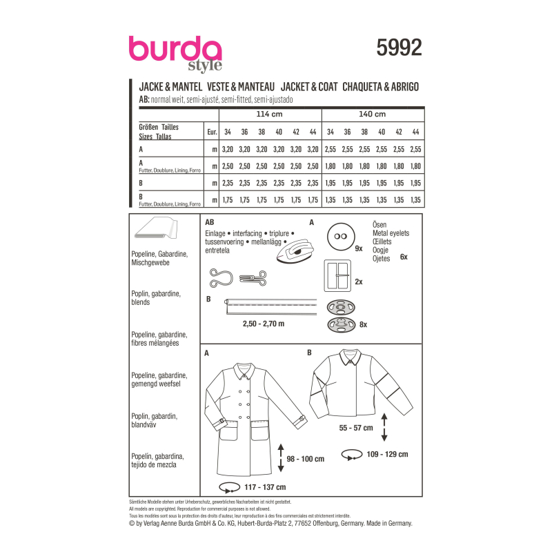 Patron Burda 5992 - Veste & manteau avec double rang de boutonnage
