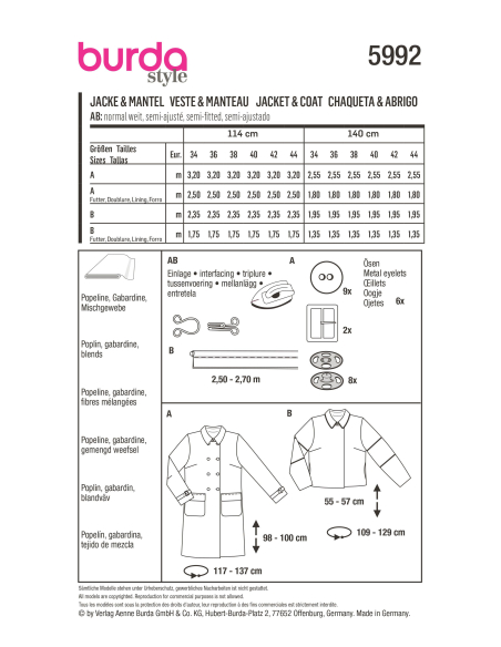 Patron Burda 5992 - Veste & manteau avec double rang de boutonnage