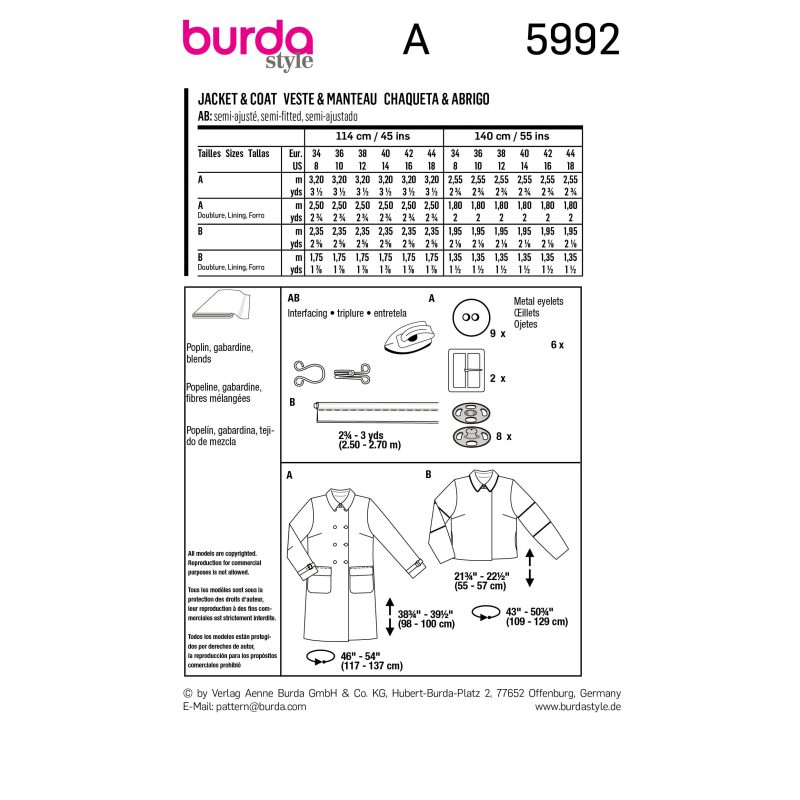 Patron Burda 5992 - Veste & manteau avec double rang de boutonnage