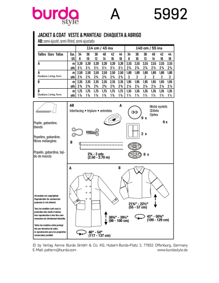 Patron Burda 5992 - Veste & manteau avec double rang de boutonnage