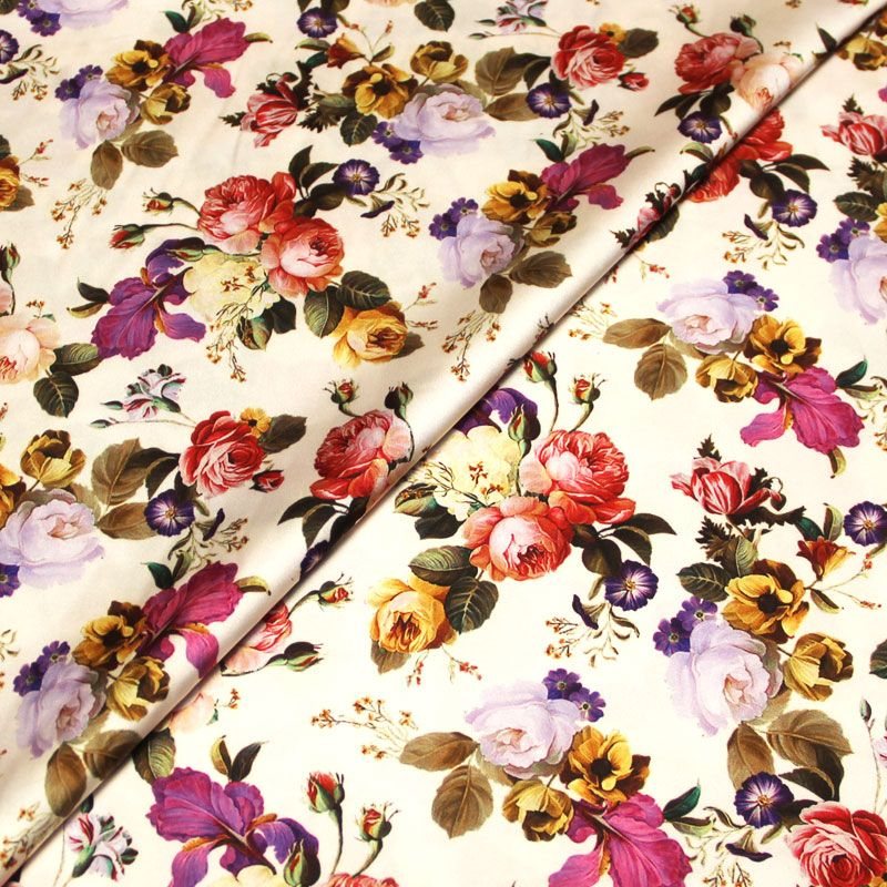 Satin de polyester & élasthanne - Fleuri multicolore fond écru