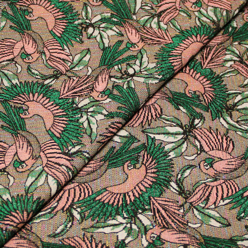 Tissu broché - Perroquet rose & vert