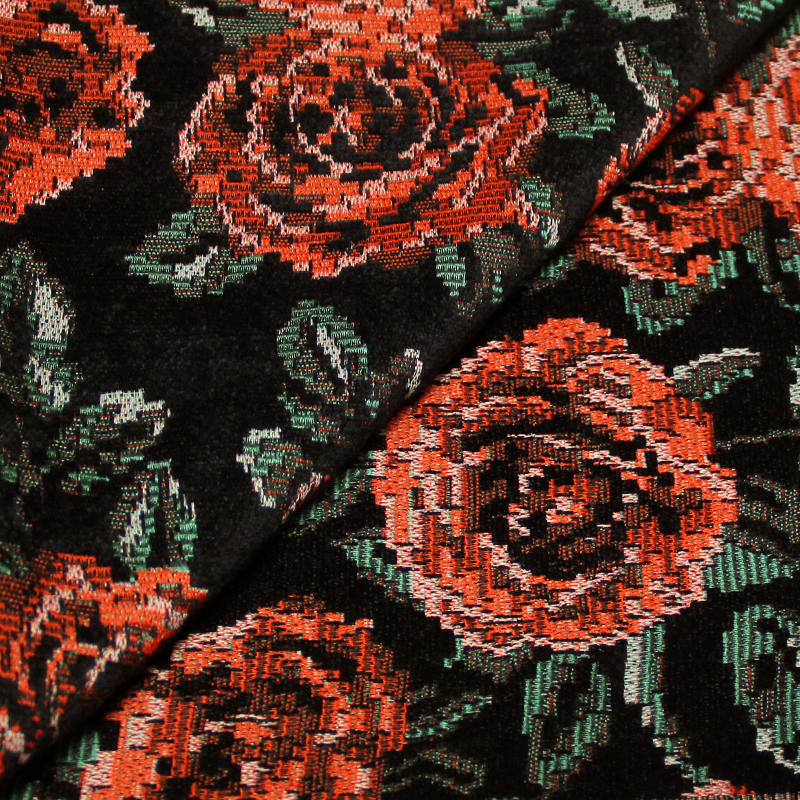 Velours jacquard - Rose rouge fond noir