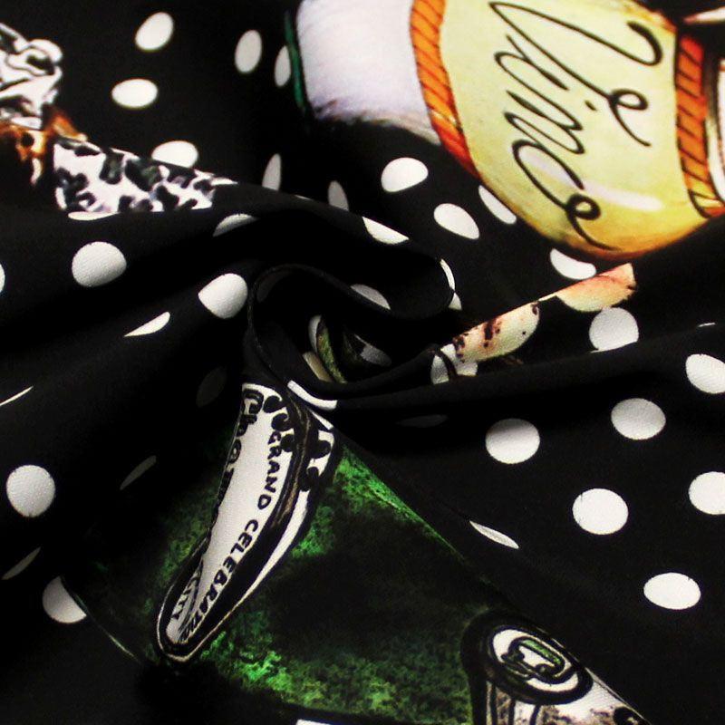 Crêpe lourd - Pois blanc et motif fond noir