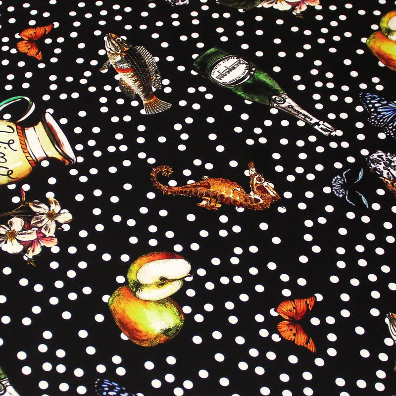 Crêpe lourd - Pois blanc et motif fond noir