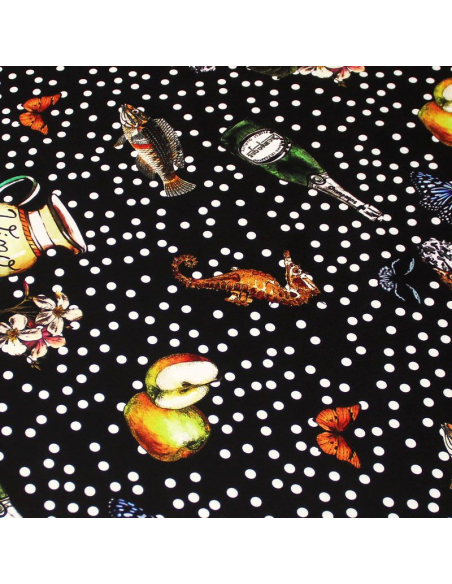Crêpe lourd - Pois blanc et motif fond noir