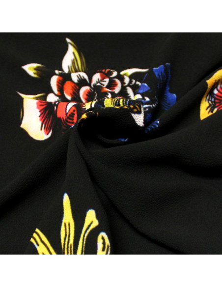 Crêpe 100% polyester - Bouquet fond noir
