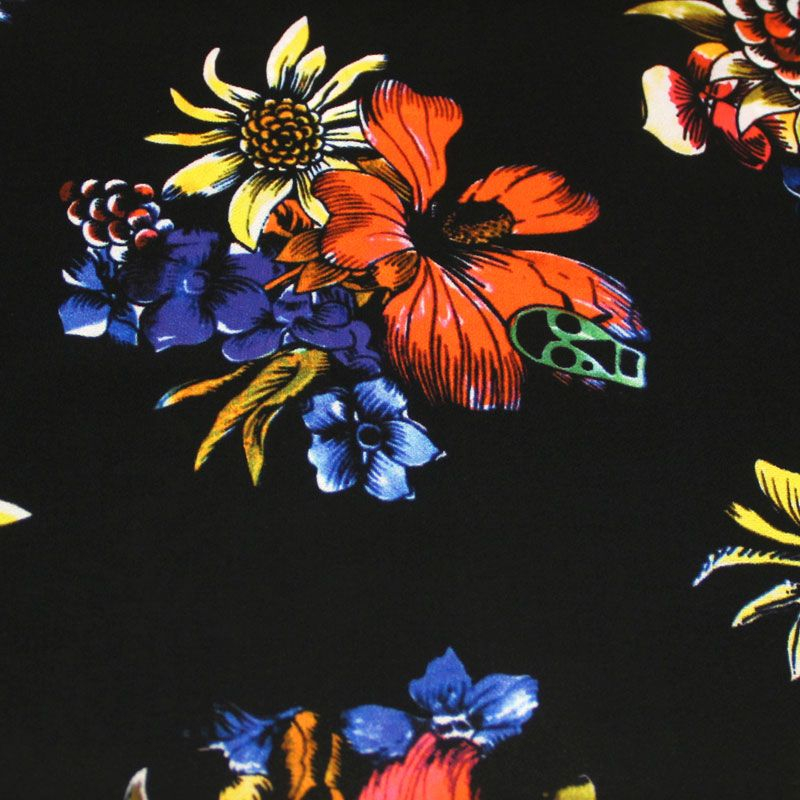 Crêpe 100% polyester - Bouquet fond noir