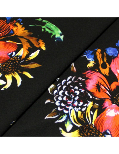 Crêpe 100% polyester - Bouquet fond noir