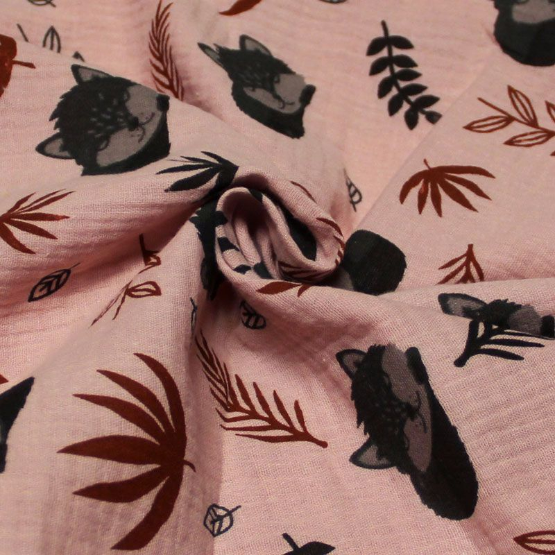 Double gaze 100% coton - Bébé renard fond vieux rose