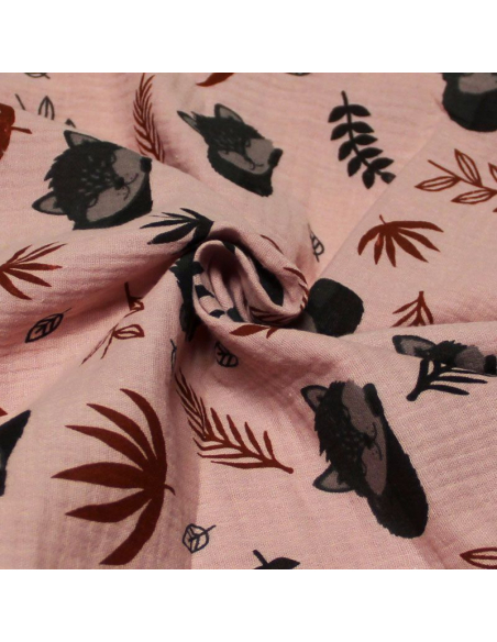 Double gaze 100% coton - Bébé renard fond vieux rose