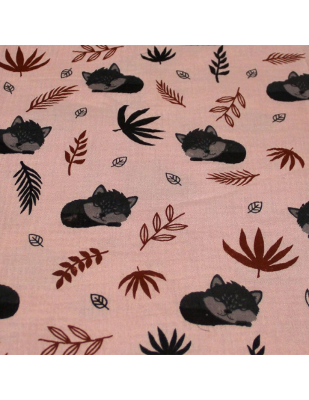 Double gaze 100% coton - Bébé renard fond vieux rose