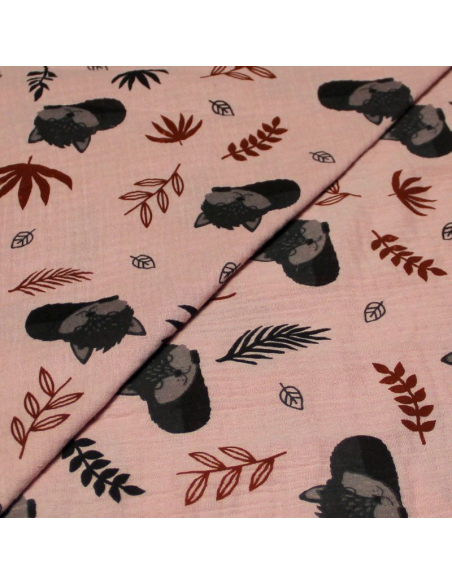 Double gaze 100% coton - Bébé renard fond vieux rose