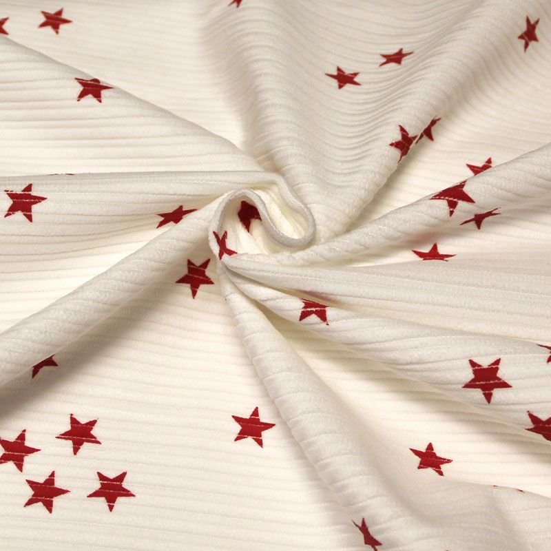 Velours côtelé rayure irrégulière - Étoile rouge fond écru