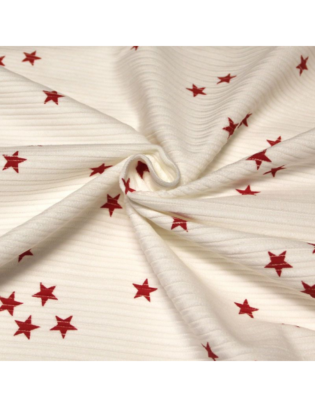 Velours côtelé rayure irrégulière - Étoile rouge fond écru