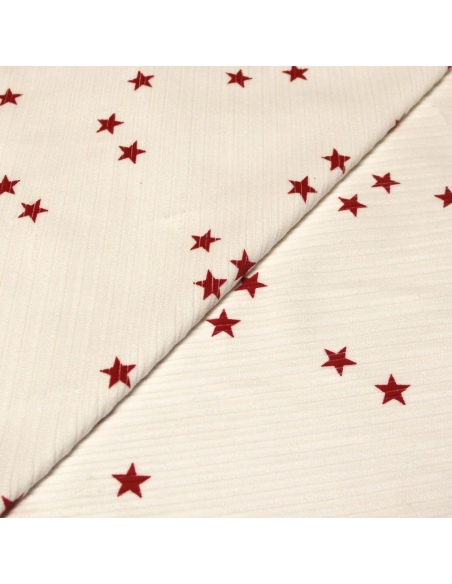 Velours côtelé rayure irrégulière - Étoile rouge fond écru