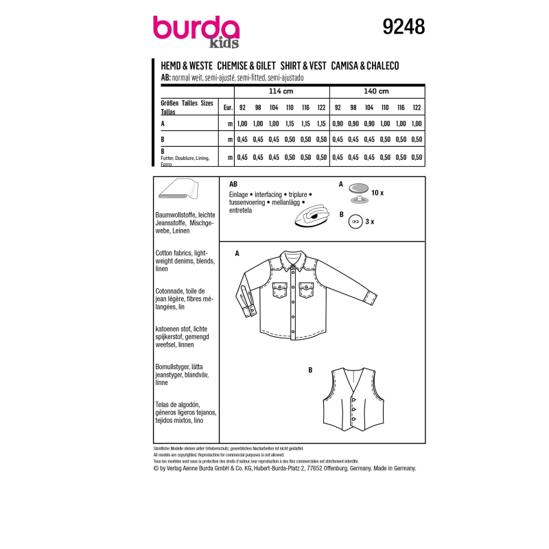 Patron Burda 9248 - Chemise classique et un gilet