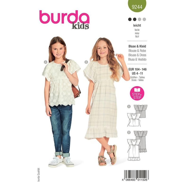 Patron Burda 9244 - Robe et Blouse avec décolleté décorées de ruchés de manches