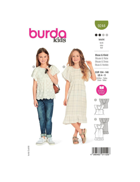 Patron Burda 9244 - Robe et Blouse avec décolleté décorées de ruchés de manches