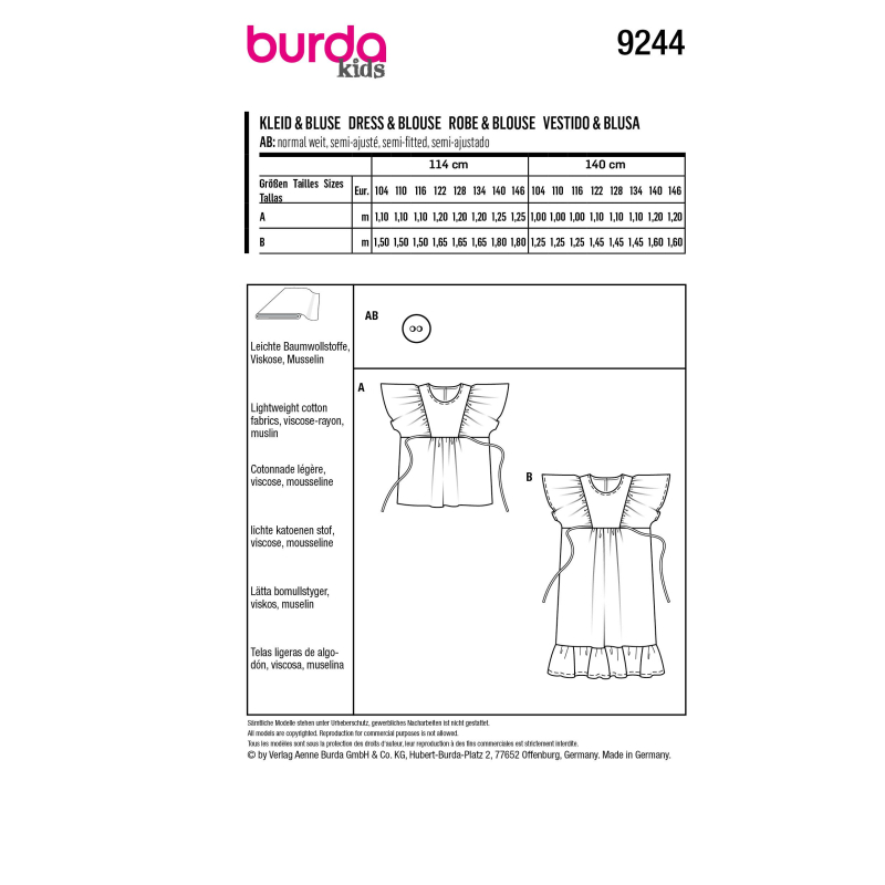 Patron Burda 9244 - Robe et Blouse avec décolleté décorées de ruchés de manches