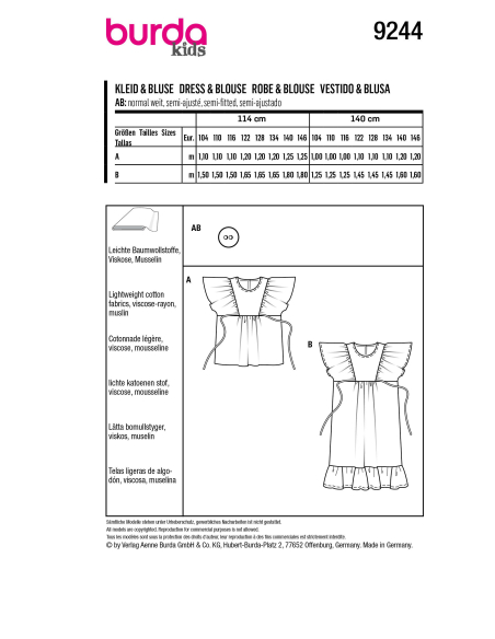 Patron Burda 9244 - Robe et Blouse avec décolleté décorées de ruchés de manches