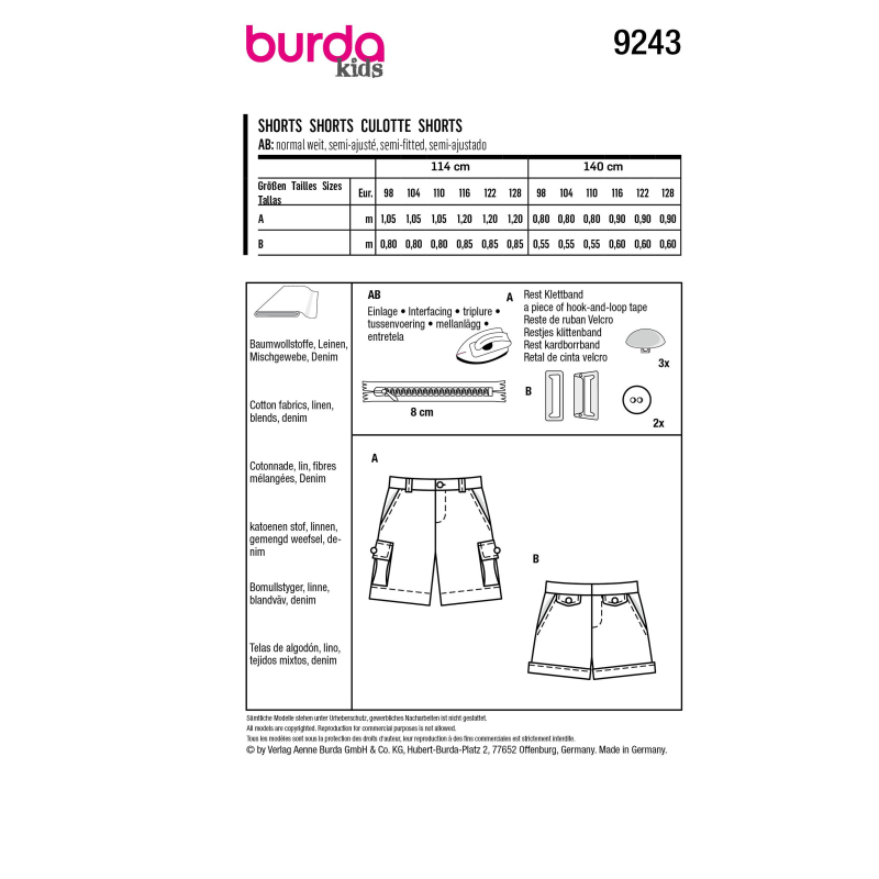 Patron Burda 9243 - Shorts sont indispensables pour les petits