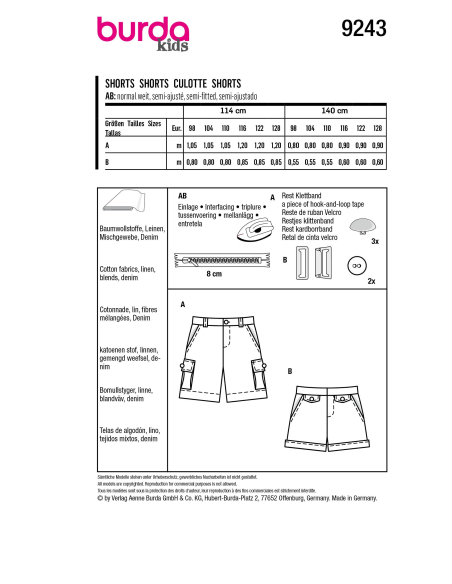 Patron Burda 9243 - Shorts sont indispensables pour les petits
