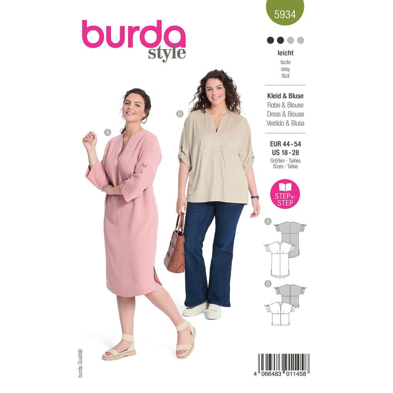Patron Burda 5934 - Robe et blouse avec joli décolleté et manches à retrousser