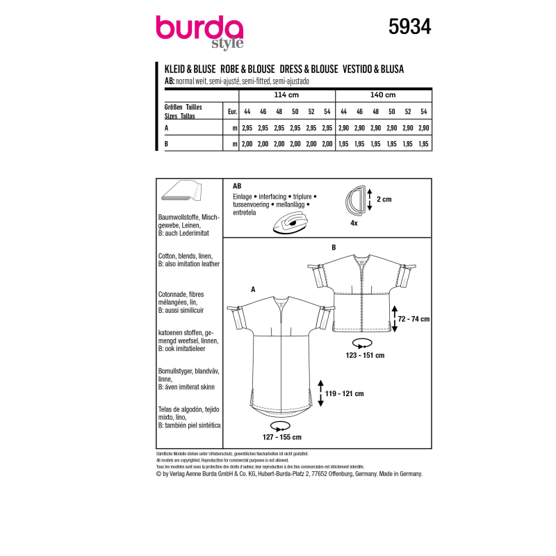 Patron Burda 5934 - Robe et blouse avec joli décolleté et manches à retrousser