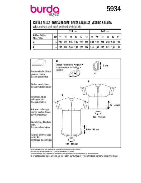 Patron Burda 5934 - Robe et blouse avec joli décolleté et manches à retrousser
