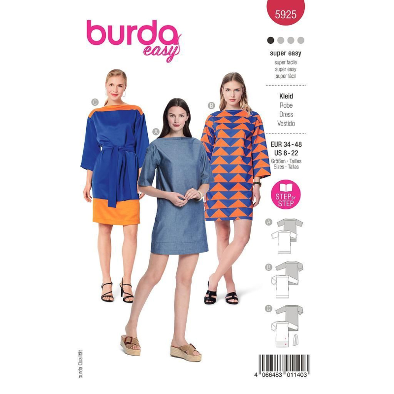 Patron Burda 5925 - Robes de coupe droite avec une encolure bateau