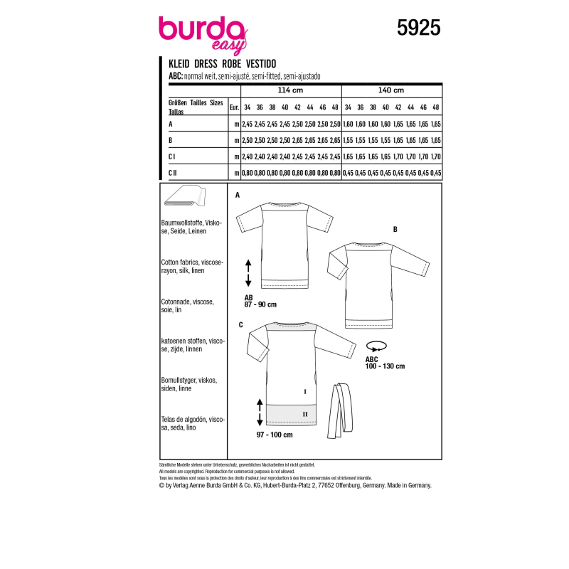 Patron Burda 5925 - Robes de coupe droite avec une encolure bateau