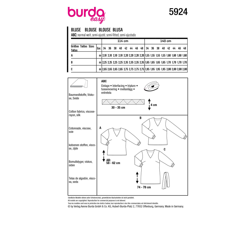 Patron Burda 5924 - Blouses sans fermeture avec une encolure V