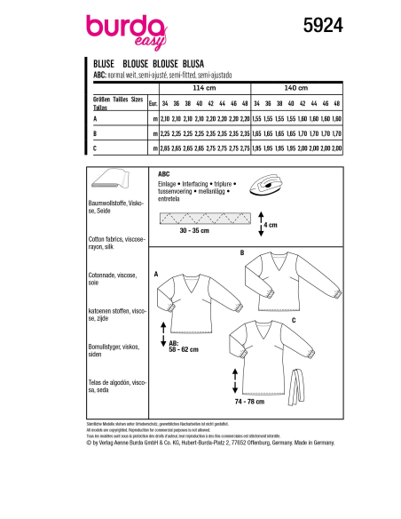 Patron Burda 5924 - Blouses sans fermeture avec une encolure V