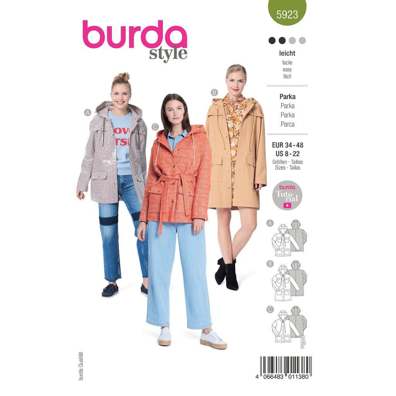 Patron Burda 5923 - Parka à capuche et poches plaquées