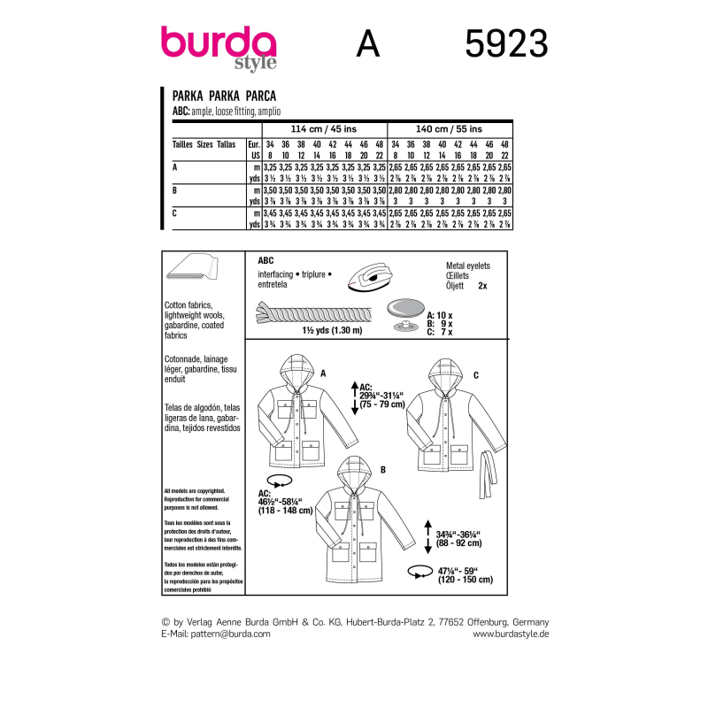 Patron Burda 5923 - Parka à capuche et poches plaquées