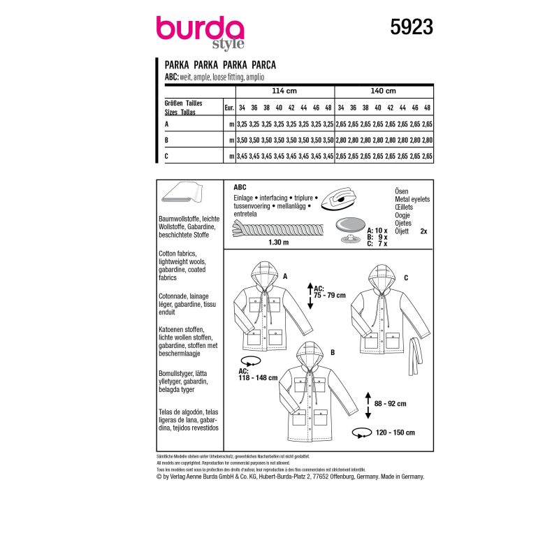 Patron Burda 5923 - Parka à capuche et poches plaquées
