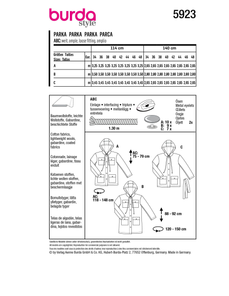 Patron Burda 5923 - Parka à capuche et poches plaquées