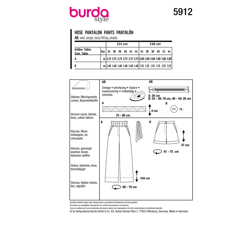Patron Burda 5912 - Pantalon et short décontractés