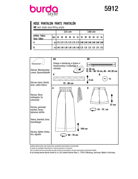 Patron Burda 5912 - Pantalon et short décontractés