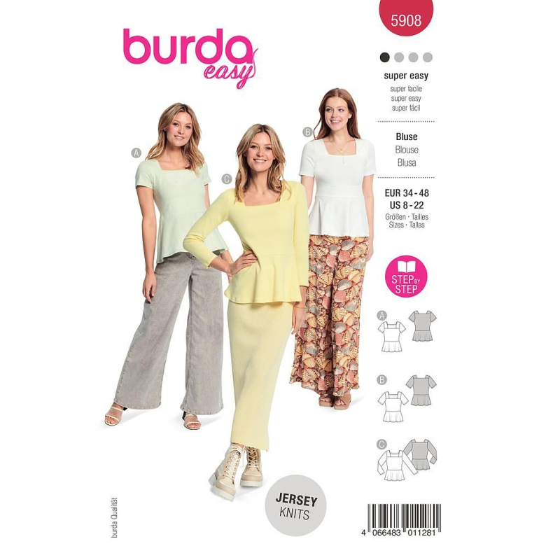 Patron Burda 5908 - Blouses, encolure carré