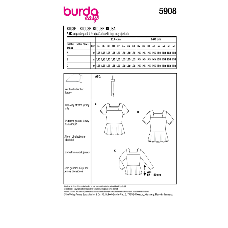 Patron Burda 5908 - Blouses, encolure carré