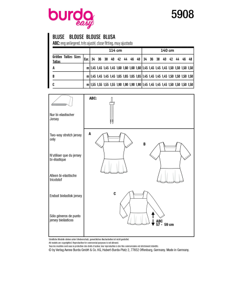 Patron Burda 5908 - Blouses, encolure carré