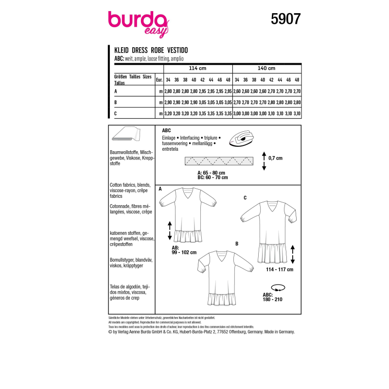 Patron Burda 5907 - Robes légères, encolure en V