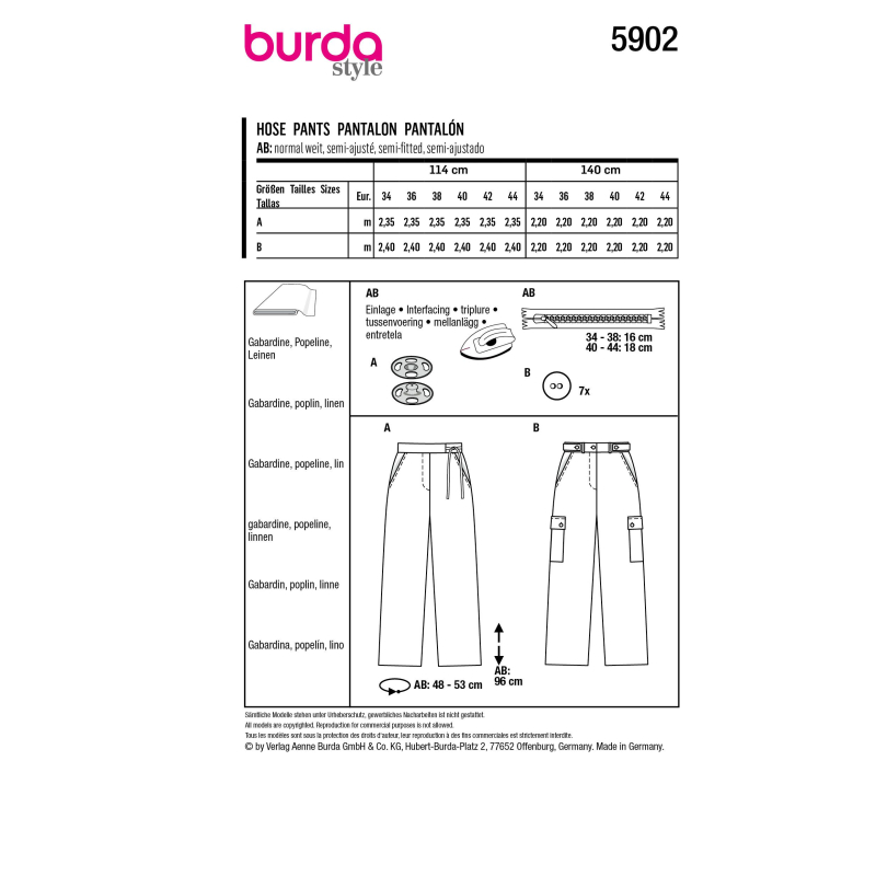 Patron Burda 5902 - Pantalons droits avec des poches
