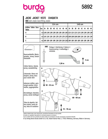 Patron Burda 5892 - Vestes cache-cœur