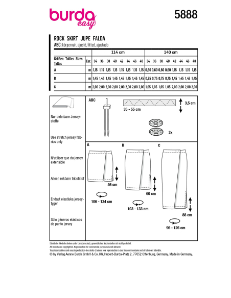 Patron Burda 5888 - Jupe droite avec fente latérale