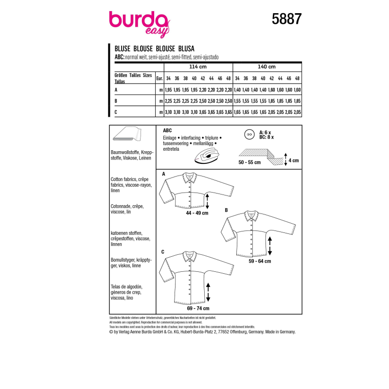 Patron Burda 5887 - Blouse en diverses longueurs